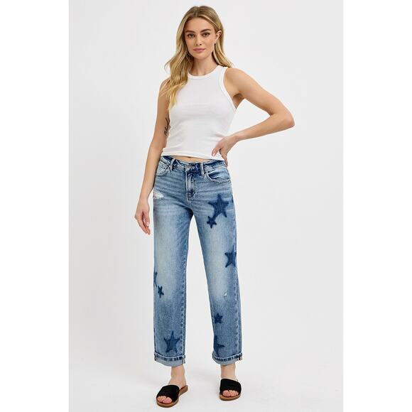 RISEN Mid Rise Boyfriend Star Shadow Detail Cuffed Jeans - PGA21091 - Size 5/27 - Picture 6 of 6